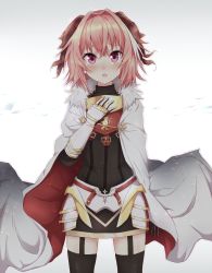 Rule 34 | 1boy, astolfo (fate), bad id, bad twitter id, black thighhighs, blush, cape, cowboy shot, fang, fate/apocrypha, fate/grand order, fate (series), fur trim, garter straps, hair ribbon, highres, kaname game etc, long hair, male focus, open mouth, pink hair, purple eyes, ribbon, solo, standing, thighhighs