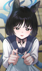 Rule 34 | 1girl, absurdres, animal ears, black eyes, black hair, black nails, black sailor collar, blue archive, blue halo, blush, cat ears, cat tail, collarbone, fingernails, halo, highres, indoors, kikyou (blue archive), long sleeves, looking at viewer, multiple tails, nail polish, open mouth, sailor collar, school uniform, serafuku, short hair, solo, tail, tatami, two tails, yeogpu (seung832222)