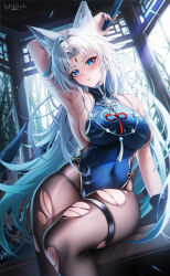 Rule 34 | 1girl, adapted costume, animal ear fluff, animal ears, architecture, arm behind head, arm up, armpit crease, armpits, artist name, axe, bare shoulders, black gloves, black pantyhose, blue eyes, blue leotard, blush, breasts, commentary, covered navel, east asian architecture, feet out of frame, feixiao (honkai: star rail), forehead jewel, fox ears, fox girl, gloves, highleg, highleg leotard, highres, holding, holding axe, honkai: star rail, honkai (series), indoors, large breasts, leotard, linea alba, ling dianxia, looking at viewer, paid reward available, pantyhose, parted bangs, parted lips, presenting armpit, single glove, sitting, solo, thick thighs, thigh strap, thighs, torn clothes, torn pantyhose