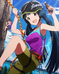 Rule 34 | 10s, 2girls, :d, artist request, blue hair, brown eyes, cliff, helmet, idolmaster, idolmaster million live!, kitakami reika, lens flare, long hair, looking at viewer, maihama ayumu, mountain climbing, multiple girls, official art, open mouth, pink hair, rock climbing, rope, scared, smile, solo focus, sportswear, twintails