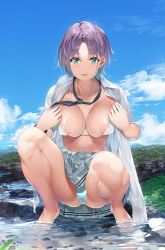 Rule 34 | 1girl, ahoge, areola slip, asakura toru, bikini, bikini under clothes, black necktie, blue eyes, blue hair, blue sky, blush, breasts, brown hair, cleavage, collarbone, collared shirt, commentary request, gradient hair, grey skirt, homu (seven deadly sins), idolmaster, idolmaster shiny colors, large breasts, looking at viewer, multicolored hair, necktie, open clothes, open shirt, parted bangs, parted lips, plaid, plaid skirt, rock, shirt, short hair, short sleeves, skirt, sky, solo, squatting, swimsuit, thighs, water, wet, white bikini, white shirt