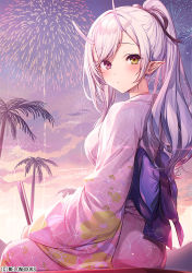 Rule 34 | 1girl, blush, bow, bowtie, breasts, fireworks, heterochromia, horns, japanese clothes, kimono, komeshiro kasu, large breasts, long hair, looking at viewer, melonbooks, oni horns, original, palm tree, pointy ears, purple hair, ribbon, solo, tree