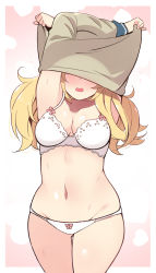 Rule 34 | 1girl, absurdres, arms up, blonde hair, blush, bra, breasts, collarbone, cowboy shot, flying sweatdrops, gambier bay (kancolle), groin, highres, kantai collection, large breasts, long hair, long sleeves, navel, open mouth, panties, solo, suzuki toto, twintails, underwear, undressing, white bra, white panties