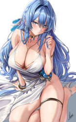 Rule 34 | 1girl, bare shoulders, belly chain, blue eyes, blue hair, blush, bracelet, braid, breasts, collarbone, dress, feather hair ornament, feathers, goddess of victory: nikke, hair intakes, hair ornament, helm (chandelier) (nikke), helm (nikke), high heels, highres, jewelry, large breasts, long hair, looking at viewer, neck ring, piukute062, side braid, solo, thighlet, thighs, white dress