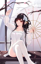 Rule 34 | 1girl, absurdres, arm up, azur lane, bell, black hair, branch, breasts, catnnn, cherry blossoms, chinese wedding, closed mouth, collarbone, crossed legs, dress, flower, hair flower, hair ornament, hair rings, highres, holding, holding umbrella, legs, long hair, long sleeves, no shoes, official alternate costume, official alternate hairstyle, oil-paper umbrella, petals, qixiong ruqun, red eyes, ruqun, see-through, shirt, sitting, solo, thighhighs, thighs, umbrella, very long hair, white dress, white shirt, white thighhighs, yat sen (azur lane), yat sen (paragon of celestial grace) (azur lane)