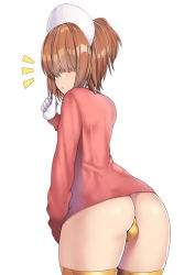Rule 34 | 1boy, ass, brown hair, bulge, crossdressing, from behind, gloves, hat, looking back, male focus, nagase haruhito, nurse cap, original, short hair, solo, thighhighs, trap, white background
