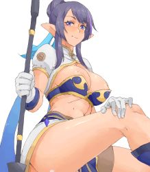 Rule 34 | 00s, 1girl, areola slip, blush, breasts, cleavage, closed mouth, female focus, gloves, judith (tales), large breasts, long hair, looking at viewer, midriff, minakami (flyingman555), namco, nipple slip, nipples, polearm, purple hair, simple background, sitting, smile, solo, spear, tales of (series), tales of vesperia, thighs, weapon, white background, white gloves