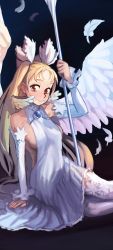 Rule 34 | 1girl, absurdres, blonde hair, blush, breasts, commission, detached sleeves, dress, feathered wings, highres, holding, holding polearm, holding spear, holding weapon, huge filesize, long hair, looking at viewer, magical girl, mahou shoujo (raita), medium breasts, no bra, one side up, orange eyes, piku184, polearm, revealing clothes, sasaki kotone, sideboob, sitting, solo, spear, sweatdrop, thighhighs, very long hair, weapon, white dress, white sleeves, white thighhighs, white wings, wings, yokozuwari