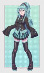 Rule 34 | 1girl, alternate hairstyle, aqua background, aqua eyes, aqua hair, aqua skirt, black footwear, boots, breasts, buttons, closed mouth, colored eyelashes, commentary, english commentary, eyelashes, full body, half updo, hatsune miku, legs, long hair, long sleeves, looking at viewer, miniskirt, neon trim, nieceychan, nose, pigeon-toed, plaid, plaid skirt, pleated skirt, skirt, sleeves past fingers, sleeves past wrists, small breasts, smile, solo, standing, thigh boots, thighhighs, very long sleeves, vocaloid, wide sleeves, wing collar
