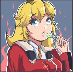 Rule 34 | 1girl, blonde hair, blue eyes, candy, cosplay, cosplay request, darling in the franxx, eyelashes, female focus, fingernails, food, holding, holding candy, holding food, holding lollipop, lepypepy, lips, lollipop, long hair, mario (series), necktie, nintendo, princess peach, upper body, zero two (darling in the franxx), zero two (darling in the franxx) (cosplay)