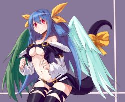 Rule 34 | 1girl, absurdres, angel wings, asymmetrical wings, bad id, bad pixiv id, bare shoulders, blue hair, breasts, dizzy (guilty gear), guilty gear, guilty gear x, guilty gear xx, hair ribbon, highres, large breasts, long hair, nekonekocha, red eyes, ribbon, simple background, smile, solo, striped, striped background, tail, tail ornament, tail ribbon, thighhighs, very long hair, wings