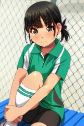 Rule 34 | 1girl, absurdres, bike shorts, black hair, black shorts, blush, brown eyes, chain-link fence, closed mouth, collared shirt, feet out of frame, fence, green shirt, hair ribbon, highres, hugging own legs, knee up, kneehighs, looking at viewer, low twintails, matsunaga kouyou, nose blush, on bench, original, purple ribbon, ribbon, shirt, short shorts, short sleeves, shorts, sitting, smile, socks, solo, twintails, white socks