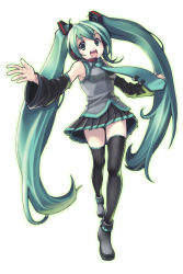 Rule 34 | 1girl, aqua eyes, aqua hair, bare shoulders, christinya, detached sleeves, hatsune miku, headphones, headset, highres, legs, long hair, looking at viewer, music, necktie, open mouth, outstretched arms, simple background, singing, solo, spread arms, thighhighs, twintails, very long hair, vocaloid, zettai ryouiki