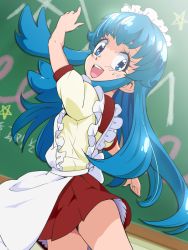 Rule 34 | 10s, 1girl, :d, alternate costume, apron, blue eyes, blue hair, chalkboard, enmaided, happinesscharge precure!, long hair, looking back, maid, maid apron, maid headdress, matching hair/eyes, open mouth, precure, red skirt, school uniform, shirayuki hime, shirt, skirt, smile, solo, tj-type1
