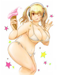 Rule 34 | 1girl, ;q, bikini, blonde hair, blush, breasts, cleavage, cowboy shot, food, front-tie bikini top, front-tie top, headphones, huge breasts, ice cream, ice cream cone, jewelry, kanoto hitsuji, long hair, looking at viewer, navel, necklace, nitroplus, one eye closed, plump, red eyes, side-tie bikini bottom, smile, solo, star (symbol), star necklace, super pochaco, swimsuit, tongue, tongue out, twintails, underboob, waving, wink