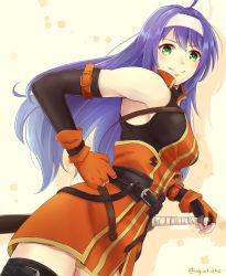 Rule 34 | 1girl, ahoge, bare shoulders, belt, blue hair, blush, breasts, detached sleeves, fingerless gloves, fire emblem, fire emblem heroes, gloves, green eyes, hairband, kazame, long hair, looking at viewer, medium breasts, mia (fire emblem), nintendo, purple hair, smile, solo, sword, thighhighs, weapon