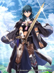 Rule 34 | 1girl, armor, asymmetrical legwear, black cape, black shorts, blue eyes, blue hair, blue sky, breasts, brown pantyhose, byleth (female) (fire emblem), byleth (fire emblem), cape, cleavage, closed mouth, clothing cutout, cloud, commentary request, company name, copyright name, dagger, day, eyebrows hidden by hair, fire emblem, fire emblem: three houses, fire emblem cipher, glint, hair between eyes, holding, holding sword, holding weapon, knife, light smile, looking at viewer, mayo (becky2006), medium breasts, medium hair, navel, navel cutout, nintendo, official art, outdoors, pantyhose, pantyhose under shorts, sheath, sheathed, short shorts, shorts, sidelocks, sky, solo, standing, sword, sword of the creator, uneven legwear, weapon