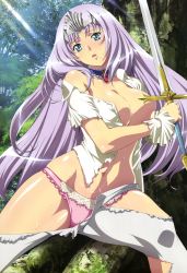 Rule 34 | 10s, 1girl, absurdres, annelotte, annelotte (queen's blade), blue eyes, breasts, censored, choker, cleavage, convenient censoring, green eyes, hair in own mouth, highres, knight princess annelotte, large breasts, long hair, no bra, nyantype, official art, panties, pants, pantyhose, purple hair, purple panties, queen&#039;s blade, queen&#039;s blade rebellion, rin-sin, solo, sword, tiara, torn clothes, torn pantyhose, underwear, very long hair, weapon