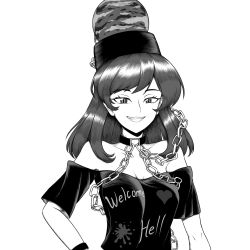 Rule 34 | 1girl, chain, clothes writing, commentary, english commentary, giantcavemushroom, greyscale, grin, hand on own hip, hecatia lapislazuli, highres, looking at viewer, medium hair, monochrome, off-shoulder shirt, off shoulder, shirt, short sleeves, simple background, smile, solo, touhou, upper body