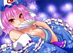 Rule 34 | 1girl, bare shoulders, blue dress, blush, breasts, bug, butterfly, cleavage, dress, hand fan, female focus, floral print, folding fan, hat, bug, large breasts, looking at viewer, no bra, off shoulder, pink hair, red eyes, roki (hirokix), saigyouji yuyuko, seductive smile, smile, solo, touhou, veil