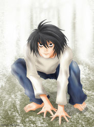 Rule 34 | 00s, 1boy, black eyes, black hair, death note, frown, l (death note), male focus, misawa akitarou, solo, squatting