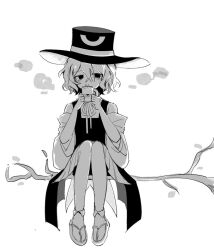 Rule 34 | 1other, androgynous, bags under eyes, bare shoulders, bow, bowtie, coat, coffee, collared socks, covered mouth, cup, detached sleeves, enraku tsubakura, eye of senri, full body, geta, greyscale, hakama, hakama short skirt, hakama skirt, hat, holding, holding cup, japanese clothes, len&#039;en, long sleeves, monochrome, mug, one-hour drawing challenge, other focus, sandals, shirt, short hair, simple background, sitting on branch, skirt, sleeveless, sleeveless coat, sleeveless shirt, solo, steam, tabi, top hat, two-sided fabric, two-sided headwear, white background, wide brim, wide sleeves, xiao ganju nailuo, zouri