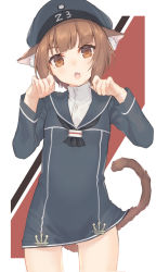 Rule 34 | 1girl, animal ear fluff, animal ears, blue hat, brown eyes, brown hair, cat ears, cat tail, clothes writing, cowboy shot, dress, fang, gi (melmail), hat, highres, kantai collection, kriegsmarine, paw pose, sailor dress, sailor hat, short hair, skin fang, solo, tail, z3 max schultz (kancolle)