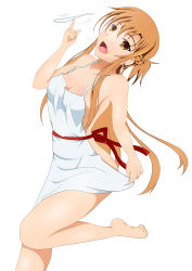 Rule 34 | 10s, 1girl, absurdres, apron, ass, asuna (sao), barefoot, braid, breasts, earrings, feet, female focus, french braid, highres, jewelry, long hair, medium breasts, naked apron, open mouth, orange hair, simple background, soles, solo, standing, sword art online, toes, white background, yellow eyes