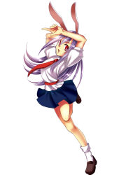 Rule 34 | 1girl, animal ears, arm behind head, arms behind head, arms up, bobby socks, danmaku, dress shirt, finger gun, full body, leg up, long hair, looking at viewer, necktie, open mouth, pointing, puffy short sleeves, puffy sleeves, purple hair, rabbit ears, red eyes, red necktie, reisen udongein inaba, sayama yoshiki, shirt, shoes, short sleeves, simple background, skirt, socks, solo, touhou, white background, white shirt, white socks