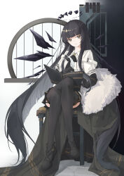 Rule 34 | 1girl, absurdres, antenna hair, arknights, arm rest, ascot, belt, belt buckle, black ascot, black bustier, black cloak, black eyes, black footwear, black garter straps, black gloves, black hair, black halo, black skirt, black thighhighs, black wings, blunt bangs, book, breasts, brick, brick floor, broken halo, buckle, bustier, buttons, chair, chinese commentary, cloak, closed mouth, collared jacket, colored inner hair, commentary request, crossed legs, dark halo, detached wings, door, energy wings, floor, full body, fur-trimmed cloak, fur trim, garter straps, gloves, grey hair, halo, hands up, high heels, highres, hime cut, holding, holding book, holding quill, indoors, jacket, layered sleeves, legs, light smile, lips, long hair, long sleeves, looking at viewer, medium breasts, miniskirt, mole, mole under eye, multicolored hair, on chair, open book, pale skin, pengsakura, pleated skirt, quill, shade, shadow, short over long sleeves, short-sleeved jacket, short sleeves, sidelocks, simple background, sitting, skirt, solo, strappy heels, thighhighs, thighs, two-tone hair, unworn cloak, very long hair, virtuosa (arknights), white background, white belt, white jacket, wide sleeves, window, wing collar, wings, yellow pupils, zettai ryouiki