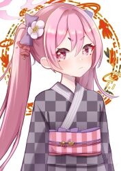 Rule 34 | + +, 1girl, absurdres, blue archive, blush, bow, checkered clothes, checkered kimono, flower, frown, hair bow, hair flower, hair ornament, halo, highres, japanese clothes, kimono, koyuki (blue archive), long hair, long sleeves, looking at viewer, obi, pink eyes, pink hair, sash, short eyebrows, solo, twintails, upper body, white background, yokuto