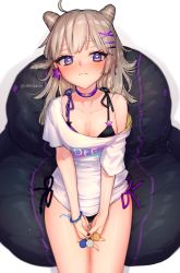 Rule 34 | 1girl, aa-12 (girls&#039; frontline), aa-12 (smokeless lollipop) (girls&#039; frontline), bare shoulders, black bra, black nails, black panties, blue eyes, blush, bra, breasts, brown hair, candy, choker, cleavage, closed mouth, clothes writing, collarbone, commentary, cone hair bun, double bun, earrings, english commentary, food, girls&#039; frontline, hair bun, hair ornament, hairclip, holding, holding candy, holding food, holding lollipop, jewelry, lollipop, long hair, looking at viewer, medium breasts, nail polish, off-shoulder shirt, off shoulder, panties, purple choker, shadow, shirt, sitting, solo, star (symbol), star earrings, twitter username, uhhgaoh, underwear, white background, white shirt, x hair ornament