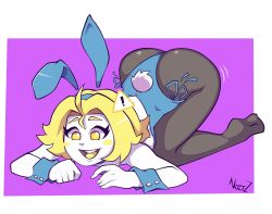 Rule 34 | 1girl, all fours, animal ears, antenna hair, ass, ass shake, bare shoulders, black legwear, blonde hair, blue leotard, blush stickers, breasts, colored skin, dan-chan, fake animal ears, fake tail, full body, hair ornament, highleg, highleg leotard, highres, huge ass, leotard, looking to the side, noctz, noctzart, open mouth, original, pale skin, playboy bunny, rabbit ears, rabbit tail, shiny clothes, short hair, simple background, smile, solo, tail, white skin, yellow eyes