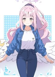 Rule 34 | 1girl, angel wings, blue archive, blue eyes, blue jacket, blue pants, closed mouth, cowboy shot, crescent, crescent pin, feathered wings, halo, highres, jacket, kousuke0912, long hair, looking at viewer, mika (blue archive), open clothes, open jacket, pants, pink hair, pink halo, ponytail, shirt, smile, solo, white shirt, white wings, wings, yellow eyes