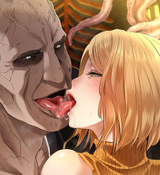 Rule 34 | 1boy, 1girl, ashley graham, blonde hair, breasts, butcha-u, large breasts, licking, open mouth, resident evil, resident evil 4, resident evil 4 (remake), short hair, tentacles, yellow eyes