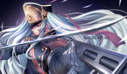 Rule 34 | 1girl, altair (re:creators), blue eyes, copyright name, drum magazine, epaulettes, from side, gloves, gun, hat, highres, holding, holding gun, holding sword, holding weapon, imo bouya, long hair, magazine (weapon), military, military uniform, multicolored eyes, ppsh-41, re:creators, red eyes, sash, shako cap, silver hair, solo, submachine gun, sword, uniform, weapon, white gloves