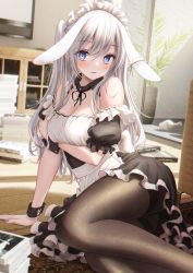 Rule 34 | 1girl, absurdres, animal ears, apron, arm under breasts, bae.c, bare shoulders, black pantyhose, blue eyes, blush, breasts, cleavage, detached collar, dress, frilled skirt, frills, hair between eyes, highres, indoors, large breasts, leaning, lop rabbit ears, maid, maid headdress, off-shoulder dress, off shoulder, original, pantyhose, puffy short sleeves, puffy sleeves, rabbit ears, short sleeves, sitting, skirt, solo, straight hair, white hair