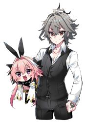 Rule 34 | 2boys, ahoge, animal ears, astolfo (fate), astolfo (saber) (fate), black bow, black bowtie, black gloves, black pants, black shirt, black thighhighs, black vest, blush, bow, bowtie, carrying, carrying under arm, chibi, closed mouth, collarbone, command spell, cropped legs, crossed bangs, dress shirt, fake animal ears, fang, fate/apocrypha, fate/grand order, fate (series), gloves, grey hair, hair between eyes, hair bow, hair intakes, haoro, highres, long hair, long sleeves, male focus, multicolored hair, multiple boys, open mouth, orange eyes, pants, partially unbuttoned, pectoral cleavage, pectorals, pink hair, purple eyes, rabbit ears, red eyes, shirt, short hair, sieg (fate), simple background, skin fang, smile, streaked hair, sweatdrop, thighhighs, trap, twintails, two-tone hair, very long hair, vest, waistcoat, white background, white hair, white shirt, white sleeves, wide sleeves, wing collar