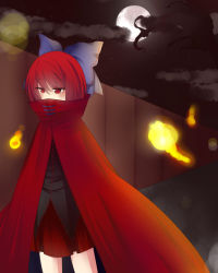 Rule 34 | bad deviantart id, bad id, blush, bow, cape, collar, covering own mouth, hair bow, highres, long sleeves, moon, night, red eyes, red hair, sekibanki, short hair, solo, spirit, touhou, xeo-x