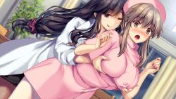 Rule 34 | 2girls, :q, absurdres, akagi mio, amagi ryou, black hair, blonde hair, blush, boku to joi no shinsatsu nisshi, grabbing another&#039;s breast, breasts, brown eyes, embarrassed, floating hair, game cg, grabbing, grabbing from behind, hands up, hat, highres, indoors, lab coat, large breasts, legs, long hair, looking at viewer, low ponytail, monety, multiple girls, naughty face, nurse, nurse cap, one eye closed, open mouth, original, sidelocks, skirt, smile, standing, surprised, thighs, tongue, tongue out, uniform, yuri