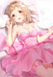 Rule 34 | 1girl, :d, bare arms, bare shoulders, bird, blush, breasts, brown eyes, collarbone, commentary request, cowboy shot, dress, female focus, from above, hands up, highres, idolmaster, idolmaster shiny colors, kinako (shiratama mochi), legband, light brown hair, looking at viewer, lying, medium breasts, neck, on back, open mouth, panties, pantyshot, partially submerged, pigeon, pink dress, round teeth, sakuragi mano, short dress, short hair, smile, solo, strapless, strapless dress, striped clothes, striped dress, teeth, thigh strap, thighs, underwear, vertical stripes, water, wet, wet hair