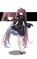 Rule 34 | 1girl, absurdres, ahoge, alternate costume, black footwear, black gloves, brown dress, brown hair, cut-in, dress, flower-shaped pupils, genshin impact, gloves, highres, hu tao (genshin impact), long hair, looking at viewer, pantyhose, qixia, red eyes, shoes, smile, solo, standing, symbol-shaped pupils, twintails, very long hair, white pantyhose, wide sleeves