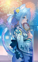 Rule 34 | 1girl, aerial fireworks, animal ears, animal print, blue eyes, blue flower, blue hair, blue kimono, blue rose, breasts, cat ears, cat girl, cat print, cat tail, cloud, commentary request, covered mouth, fireworks, flower, hair flower, hair ornament, hair rings, hand fan, hand up, highres, holding, holding fan, indie virtual youtuber, japanese clothes, kimono, long sleeves, looking at viewer, looking to the side, night, night sky, outdoors, paper fan, print kimono, purple flower, purple rose, rk (rktorinegi), rose, sky, small breasts, solo, soraneko kurumi, tail, tail raised, uchiwa, virtual youtuber, wide sleeves, yellow flower, yellow rose