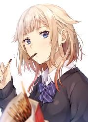 Rule 34 | 1girl, black jacket, blazer, blonde hair, blue bow, blue bowtie, blue eyes, blush, bow, bowtie, cevio, coffee tart, collared shirt, eating, food, giving, hands up, highres, jacket, mouth hold, multicolored hair, one (cevio), orange hair, pocky, shirt, simple background, solo, striped bow, striped bowtie, striped clothes, striped neckwear, two-tone hair, upper body, white background, white shirt