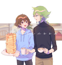 Rule 34 | 2boys, :d, alternate costume, blue eyes, blue hoodie, brown eyes, brown hair, collarbone, commentary, creatures (company), cup, eye contact, food, game freak, green hair, highres, hilbert (pokemon), holding, holding cup, holding plate, hood, hoodie, long hair, looking at another, male focus, marshmallow, mug, multiple boys, n (pokemon), nintendo, open mouth, p (flavorppp), pancake, pants, plate, pokemon, pokemon bw, ponytail, sleeves past elbows, smile, sweater, symbol-only commentary, syrup, turtleneck, turtleneck sweater