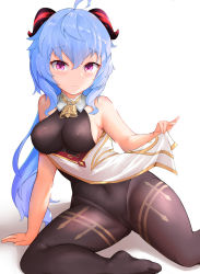 Rule 34 | 1girl, ahoge, bare arms, bell, black leotard, black pantyhose, blue hair, blush, bodystocking, bodysuit, breasts, cameltoe, clothes lift, clothing aside, covered navel, ganyu (genshin impact), genshin impact, gold trim, horns, kesha, leotard, leotard under clothes, lifted by self, light smile, long hair, looking at viewer, medium breasts, neck bell, no gloves, no shoes, paid reward available, pantyhose, pelvic curtain, pelvic curtain aside, pelvic curtain lift, purple eyes, sideboob, sidelocks, sitting, sleeveless, solo, thighlet, thighs, white background, yokozuwari