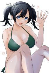 Rule 34 | 1girl, bare arms, bare legs, bare shoulders, bikini, blue eyes, blue hair, blush, breasts, cleavage, collarbone, feet out of frame, green bikini, hair between eyes, heart, highres, kantai collection, large breasts, long hair, motion lines, open mouth, simple background, smile, solo, souryuu (kancolle), swimsuit, toriniku senshi chikinman, white background