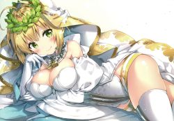 Rule 34 | 10s, 1girl, absurdres, ahoge, arm support, ass, bare shoulders, belt, belt skirt, blonde hair, blush, breast hold, breasts, bridal veil, chain, cleavage, closed mouth, colored eyelashes, cowboy shot, detached collar, detached sleeves, elbow gloves, fate/extra, fate/extra ccc, fate/grand order, fate (series), full-length zipper, gloves, gradient background, green eyes, groin, hair intakes, hand up, head tilt, head wreath, heart, heart print, highres, huge filesize, large breasts, leotard, light particles, light smile, lock, looking at viewer, lying, nero claudius (bride) (fate), nero claudius (bride) (third ascension) (fate), nero claudius (fate), nero claudius (fate) (all), on side, padlock, puffy detached sleeves, puffy sleeves, ribbon trim, riichu, scan, short hair with long locks, showgirl skirt, sidelocks, skindentation, skirt, smile, strapless, strapless leotard, thighhighs, thighs, unzipped, veil, white background, white gloves, white leotard, white skirt, white thighhighs, wide sleeves, zipper, zipper pull tab
