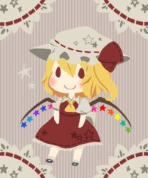 Rule 34 | 1girl, alternate wings, ascot, black footwear, blonde hair, chibi, collared shirt, flandre scarlet, frilled shirt collar, frilled skirt, frills, hair between eyes, hat, lowres, mary janes, medium hair, mob cap, multicolored wings, one side up, print headwear, print skirt, puffy short sleeves, puffy sleeves, red ribbon, red skirt, red vest, ribbon, ribbon-trimmed headwear, ribbon trim, same anko, shirt, shoes, short sleeves, simple background, skirt, skirt set, socks, solid oval eyes, solo, star (symbol), star print, striped, striped background, touhou, vertical stripes, vest, white hat, white shirt, white socks, wings, yellow ascot