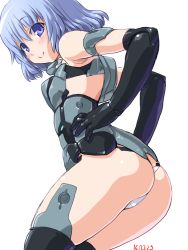 Rule 34 | 10s, 1girl, ass, bad id, bad pixiv id, bare shoulders, black gloves, black thighhighs, blush, dd (ijigendd), doll joints, elbow gloves, frame arms girl, gloves, hair between eyes, joints, light purple hair, materia (frame arms girl), materia kuro, mecha musume, numbered, panties, purple eyes, short hair, simple background, smile, solo, thighhighs, underwear, white background, white panties